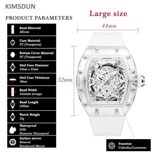 KIMSDUN Stylish Skeleton Sport Watches, Waterproof, Analog Quartz Date Calendar Wristwatch, Transparent Tonneau Case Casual Watch, Silicone Strap for Men Unisex