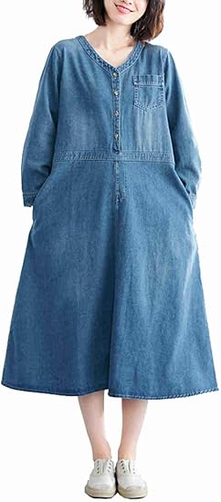 Amazon Lee Fun リー ファン ワンピース デニム レディース シャツワンピース 無地 長袖 ゆったり おしゃれ 体型カバー 着痩せ 膝下 シンプル かわいい デニムスカート Xl ワンピース チュニック 通販