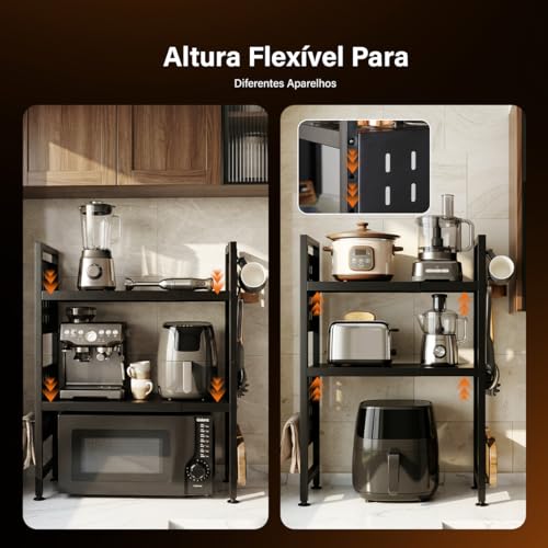 Heemli Suporte Organizador para Microondas e Especiarias, Escalável Prateleira de Cozinha em Aço Carbono Preto, Multifuncional 3 Níveis com Gancho para Utensílios Armazenar(44-68cm)