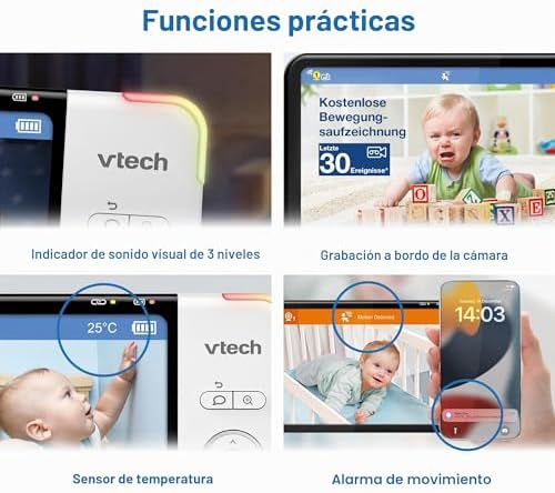 RM7764HD monitor de bebé com acesso remoto WiFi 1080p, panorâmica e inclinação de 360°, ecrã HD 720p 7", visão noturna HD, sons relaxantes, conversa bidirecional