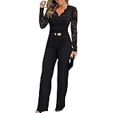 CHICME Womens Dressy Lace Jumpsuit Casual Fall Long Sleeve V-Neck Straight Leg Overalls