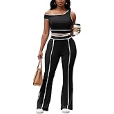 knowfashionstyle Two Piece Sets For Women Going Out Outfits Sexy Casual Sleeveless Crop Tops Off Shoulder Wide Leg Pants Set