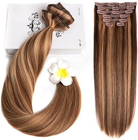 20" Clip in Hair Extensions Human Hair Clip on Extensions for Women 120gram/4.2oz 8 Pieces Chocolate Brown Mixed Strawberry Blonde(P4/27#)