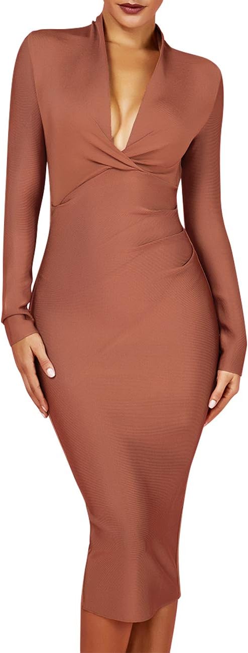 UONBOXWomen's Deep Plunge V Neck Long Sleeves Draped Knee Length Bodycon Bandage Dress