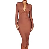 whoinshop Women 's Draped Deep Plunged Long Sleeve Night Out Club Cocktail Party Dresses with Knee Length