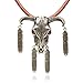 Karseer Ancient Bronzy Longhorn Bull Skull Pendant Necklace with Eagle Feather Charms & 30 Inch Dark Brown Leather Cord