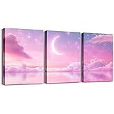 Feelyou Pink Galaxy 3 Piece Canvas Wall Art for Living Room Bedroom Starry Moon Wall Art for Home Decor Dreamy Nebula Office Decor Artwork Outer Space Picture Painting Posters