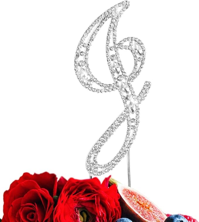 Photo 1 of Letter J Cake Topper - Rhinestone Silver Metal - J Monogram Wedding or Anniversary Party Sparkly Rhinestone Initial Decoration Makes a Great Centerpiece (J)