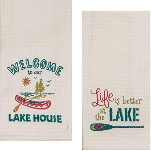 Kay Dee Designs Lake House Embroidered Kitchen Towels Set - Hand Towels with Boats and Paddles Outdoor Camping Boating Dish Cloths