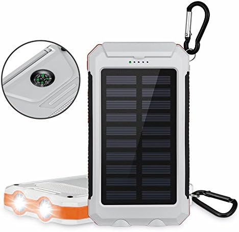 Aedon Solar Charger 10000mAh Dual USB, Portable Waterproof Power Bank Solar Battery Travel Charger with 2 Emergency LED Flashlights Carabiner Compass(White)