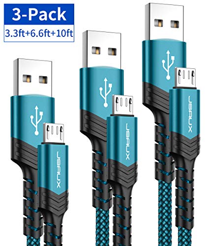 Micro USB Charger Cable, JSAUX (3-Pack 3.3ft+6.6ft+10ft) Android Charger Micro USB to USB A Nylon Braided Cord Compatible with Samsung Galaxy S6 S7 Edge Note 5, Kindle and More-Green