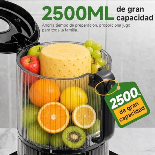 Extrator de sumo prensado a frio 600W, espremedor com boca XL 160 mm, espremedor lento de 2,5 L para frutas e legumes integrais, 2 filtros (sumo, leite vegetal, sorvete), fácil de limpar, preto mate