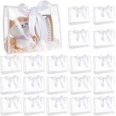 ORIGACH 20 Pcs Large Clear PVC Gift Bags with Handles Reusable Flower Party Favor Bags with Ribbon for Weddings, Baby Shower, Graduation & Shopping, 12x10x5 Inch, White