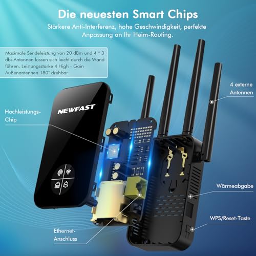 NEWFAST WLAN Amplifier, 1200 Mbps WLAN Repeater Dual-Band WiFi Extender with 4 Swivelling Antennas, WPS,MU-MIMO, Support Repeater/Router/Ap Mode for Home and Office, 1-Tip Setup, EU Plug