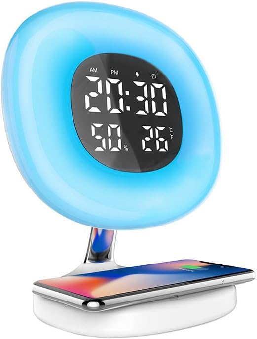 meiyanan Digital Light Alarm Clock 10W Wireless Fast Charge Table Lamp Simulation Sunrise Wake-up Light Bedside Wake-up Light Colorful Atmosphere Light with Alarm Clock Function