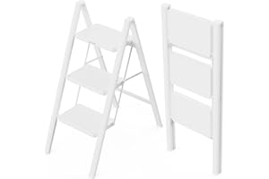 WOA WOA 3 Step Ladder, Folding Step Stool with Wide Pedals, Compact Stepping Stool for Kitchen, Sturdy Steel Ladders with Anti-Slip Feet, Supports up to 330 lbs - White