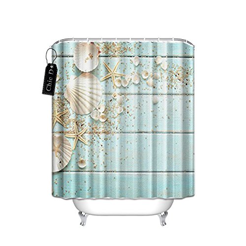 Outlet Chic D Seashell Shower Curtain Sand Starfish Blue Wooden