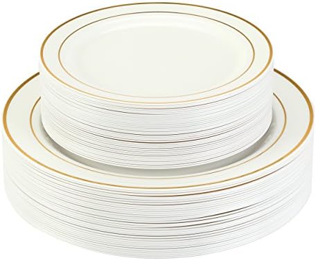 Premium Disposable Plastic Plates Premium Disposable Plastic Plates for Weddings, Parties, and Special Occ (50, Ivory/Gold Rim)