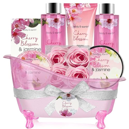 BODY & EARTH Geschenke für Frauen 8 tlg, Kirschblüten und Jasmin Duft, Schaumbad, Duschgel, Badesalz, Bodylotion, SPA Geburtstagsgeschenk für Frauen,
