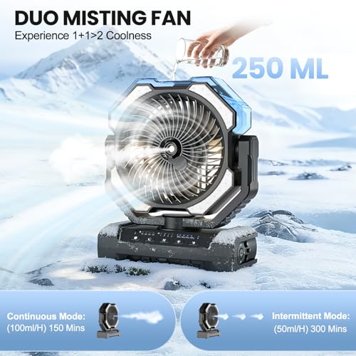 Ateroll 20000 mAh Battery Camping Fan with Mist, USB Fan Battery with Remote Control, LED, Hanging Hook, Table Fan for Tent, Outdoor, Home, Patio, Travel