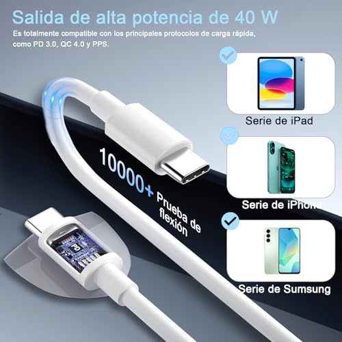 LDHUZOM Cargador rápido USB-C PD de 40 W para iPhone 17/16/15/14, con Cable de 1.8 m, Compatible con iPad Pro/Air, Switch y Samsung Galaxy S25/S24/S23