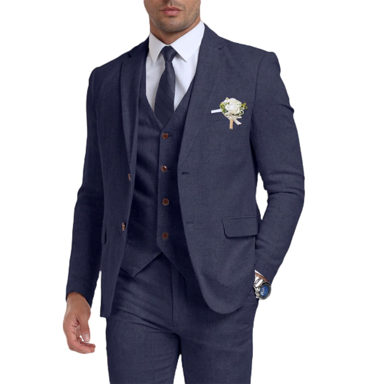 Photo 1 of Linen Mens Suit 3 Pieces Vintage Retro Slim Fit Jacket Blazer Vest Pants Casual Men Suits Beach Wedding Prom Suits Set Dark Blue XS