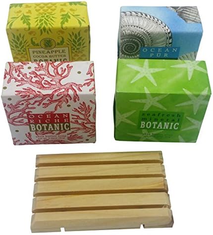 Greenwich Bay Essential Oil Botanical Soap Gift Set Sampler with Soap Dish Vegetable Based Soaps Natural Extracts 4 bars Seafresh Minerals, Ocean Riche, Pineapple &amp; Ocean Pur 6.35 oz. size