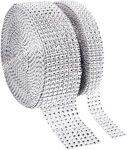 1 Roll 8 Row 10 Yard and 1 Roll 4 Row 10 Yard Acrylic Rhinestone Diamond Ribbon for Wedding Cakes, Birthday Decorations, Baby Shower Events,Party Supplies, Arts and Crafts Projects (2 Rolls Silver)