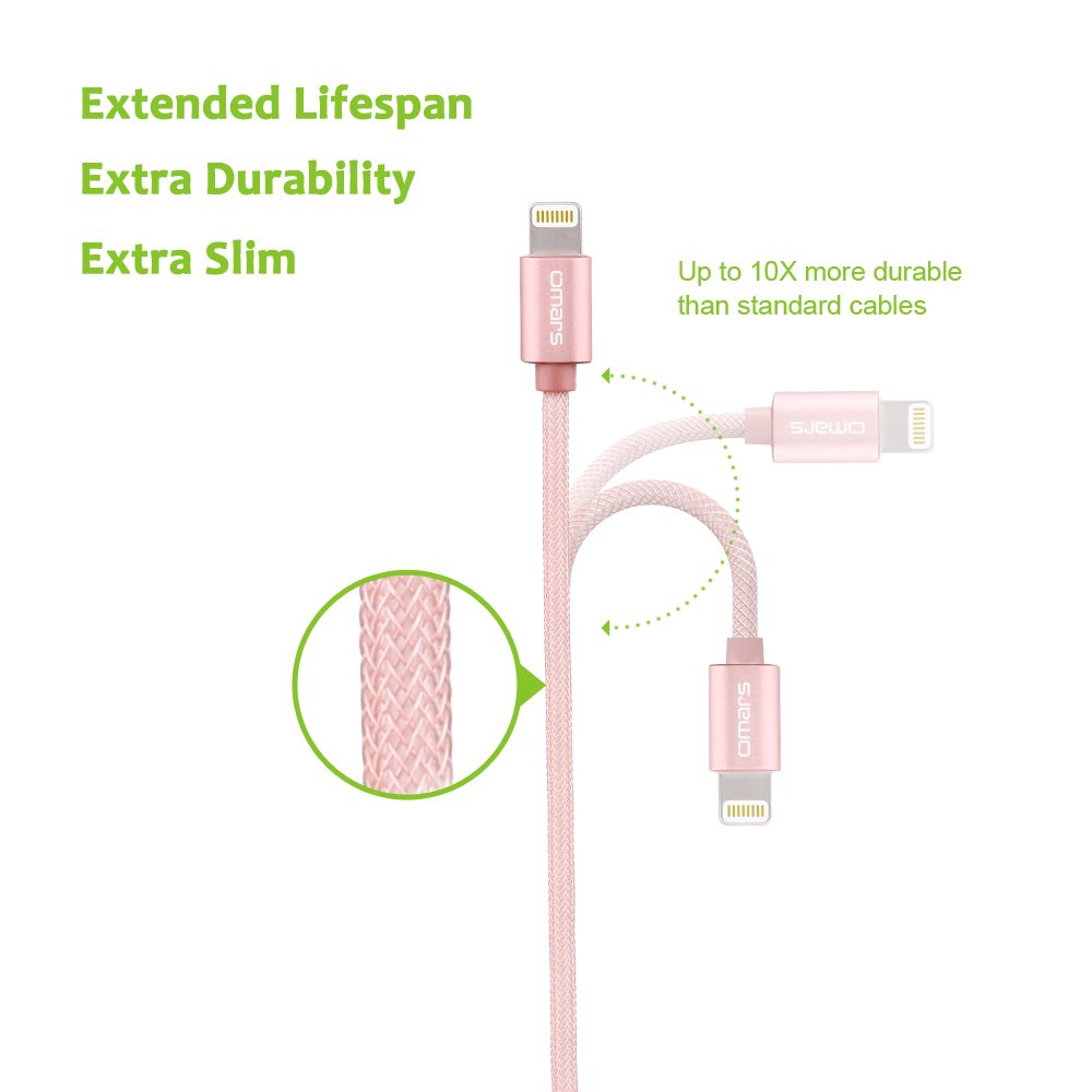 Cable Lightning vers USB en PET Ultra Durable [Certifié Apple MFi] OMARS 6ft / 1.8m Câble Synchronisation et Recharge pour iPhone 7 7 Plus 6 6S Plus SE 5 5S 5C iPad Air 2 iPad Mini