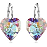 AOBOCO Sterling Silver Leverback Earrings Embellished with Crystals from Austria, Hypoallergenic Love Heart Cut Crystal Earrings, Fine Anniversary Birthday Jewelry Gifts for Women
