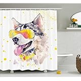 Ambesonne Animal Shower Curtain by, Funny Husky Dog with Sunglasses Humorous Cute Watercolor Cool Puppy Picture, Fabric Bathroom Decor Set with Hooks, 75 Inches Long, Yellow Grey Beige