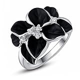 Wholesale Alloy Gold-Plated White Gold Color Rhinestone Crystal Black Flower Ring size 8