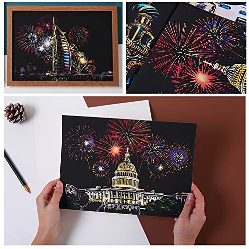 Pobec Scratch Art, Scratch Art Paper DIY Night View Scratchboard for Adult and Kids, with Scratch Paper Pens/Black Brush,8.2''x11.4'' (Fireworks) - Thumbnail 3