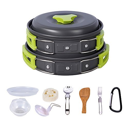 HUKOER Camping Cookware Mess Kit Backpacking Gear & Hiking Outdoors Campfire Cookware Cooking Utensils Ultralight 13 Pieces Cooking set Compact& Durable Pot Pan Bowls - Free Folding Spork, Nylon Bag