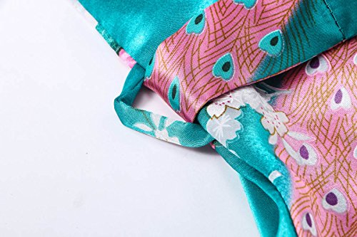 Yukata Women's Short Kimono Robe, Peacock&Blossom Design, Atrovirens M