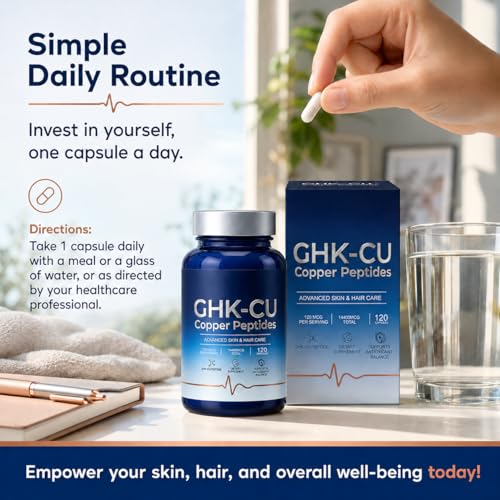 GHK-Cu Copper Peptide Supplement, Copper Supplement, Serving Daily Nutritional Support for Skin and Hair Care for Adults, 120 Capsules