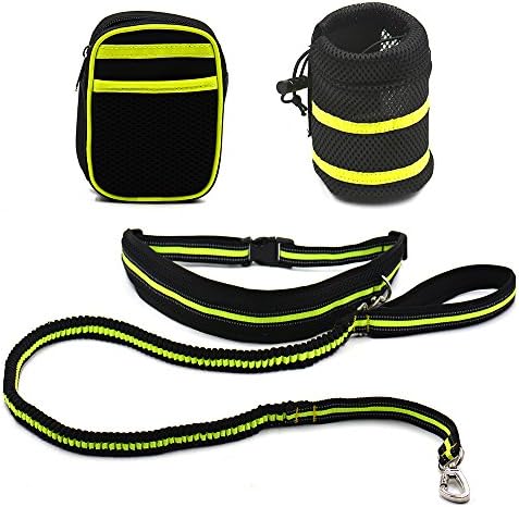 AosKe Hands Free Dog Leash for Running and Walking with Pouch/Treats Bag. Adjustable Waist Belt and Elastic Rubber Strainers for Dogs in 198lbs(Morning Run Special)