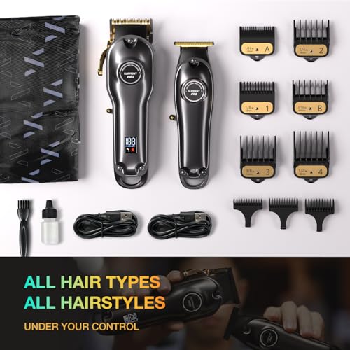 SUPRENT Professional Hair Clippers for Men - Zero Gap T Blade Hair Cutting Kit Cordless Barber Trimmer Set with LED Display (Black)