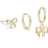 Pevoria 14K Gold Plated Hoop Earrings for Women Ladies Trendy Huggie Hoops 3pcs Bow Butterfly Lightweight Dainty Hypoallergenic Stud Earrings