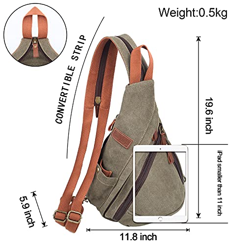 POEYLEJA Canvas Sling Bag Men & Women, Convertible Shoulder Chest Daypack, Crossbody Backpack Outdoor Hiking Travel Cycling Military Green