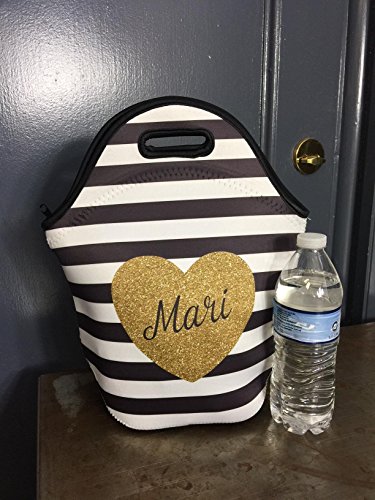 Insulated Lunch Bag for Women Insulated and Fashionable Stripes with Personalized Gold Glitter Heart - Thumbnail 2