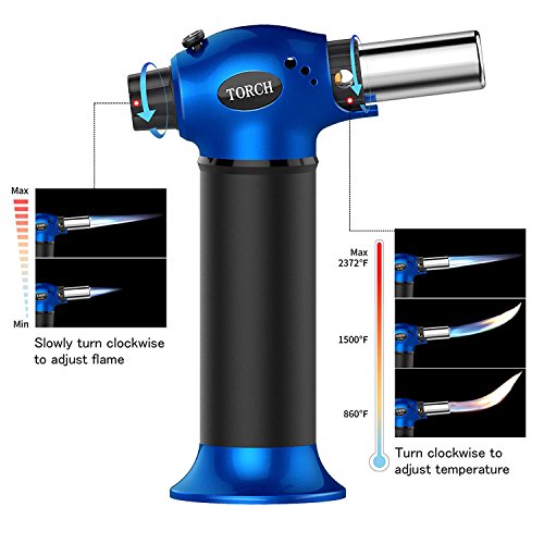 Culinary Blow Torch, UCOFFEE Kitchen Torch Lighter, Butane Refillable, Flame Adjustable (MAX 2370°F) for Cooking BBQ Baking Brulee Creme DIY Soldering (Butane Gas Not Included) - Blue - Thumbnail 3
