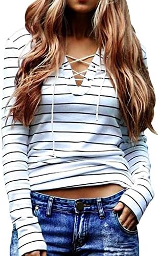TagoWell Women Cross Front Slim T Shirts V Neck Striped Long Sleeve Blouse