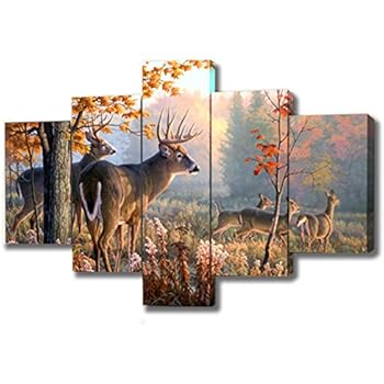 DXYJUYI Brown 5 Panel Wall Art Painting Deer in Autumn Forest Pictures Prints On Canvas Animal The Picture Decor Oil for Home Modern Decoration Print Framed Ready to Hang