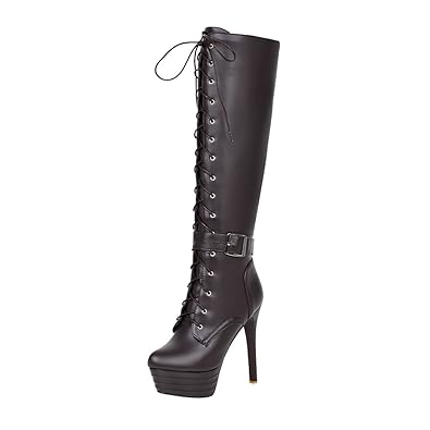 UH Damen Schnür Overknee Stiefel Plateau Langschaftstiefel mit Stiletto und Reißverschluss Fashion Schuhe