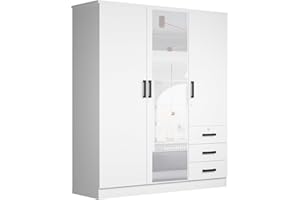 WOODPECKERS FURNITURE AND MATTRESS Violet Wardrobe Mirrored Door Closet 3 Doors and 3 Drawers (White)