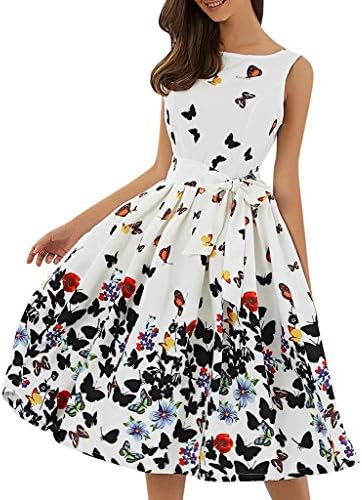 Women Sleeveless Swing Dress, Ladies Butterfly Print Bandage Strap Bow Knot Rockabilly Party Dresses with Zip