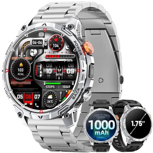 Haulvean Men's Military Watch Battery 1000 mAh Smartwatch Two Bracelets 1.75 Inches HD Screen LED Flashlight 100+ Sports Modes Health Monitoring Bluetooth Calls for iOS Android (Silver)