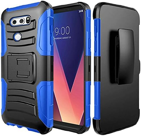 Black + Blue LG V30 Case, Duty Dual Layer Build in Kick stand with Belt Clip Holster Combo Rugged Phone Case Cover for LG V30