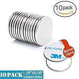 FEYG Neodymium Disc Magnets, 10Pcs Super Strong Rare Earth Magnets with 12Pcs Adhesive Backing, 1.26”D X 0.08”H for DIY Crafts, Fridge, Scientific Use